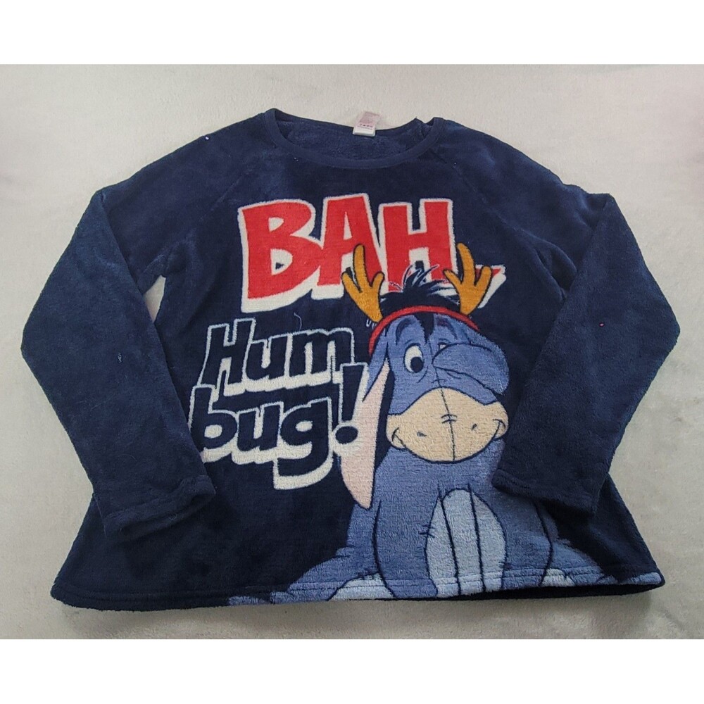 Disney Eeyore Bah Hum Bug Blue Plush Fleece Pajama Top Sleepwear Sweater L 12-14